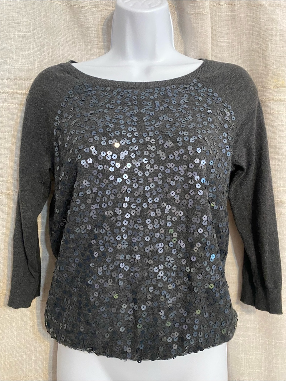 LOFT Petites Sequin Knit Sweater Charcoal Gray 3/4 Sleeve SP